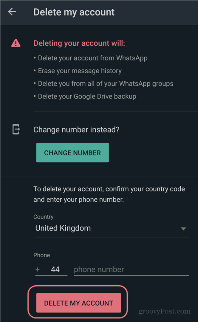 Kustuta WhatsAppi konto seaded kustutamise kinnitamiseks