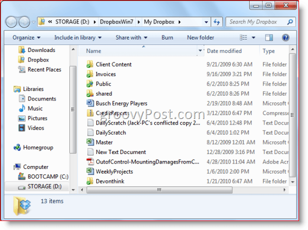 Windows 7 kaust Windows Explorer Dropbox