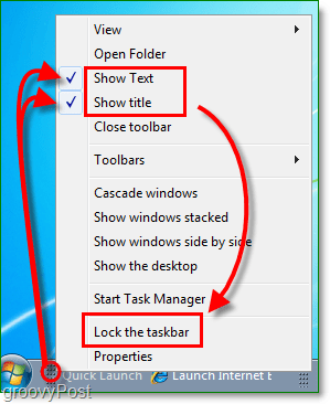 keelata kiirkäivituse tekst ja pealkiri Windows 7-s, lukustada tegumiriba