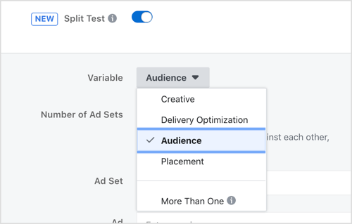 Valige muutuja, mida soovite testida Facebooki jagatud testimise funktsiooniga.
