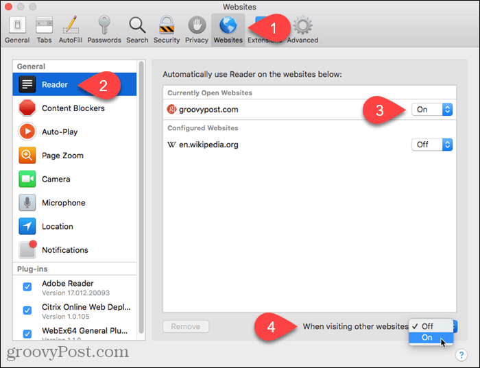 Lülitage rakenduse Safari for Mac muude veebisaitide lugejavaade sisse