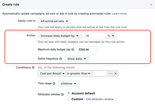 Kasutage Facebooki automatiseeritud reegleid, suurendage eelarvet, kui ROAS on suurem kui 2, 2. samm, toiminguseaded