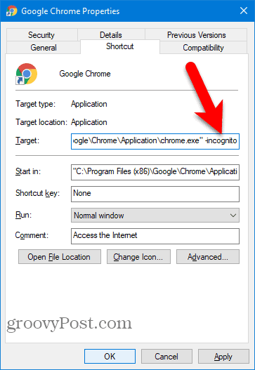 Lisage-Deskognito Chrome Desktopi otseteele