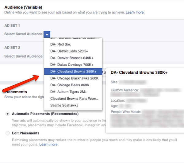 Valige oma Facebooki vaatajaskonna jagamise testi jaoks kaks salvestatud vaatajaskonda.