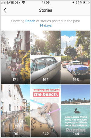 Vaadake Instagrami lugude jõudmise andmeid Instagrami Analyticsis.