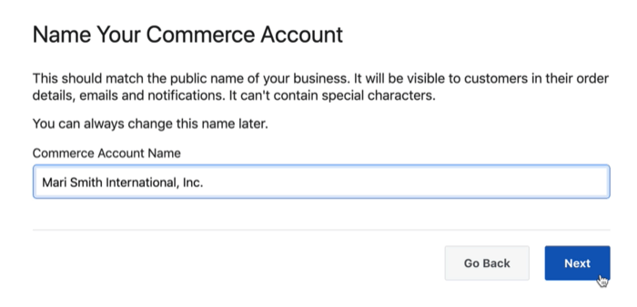 dialoogiboksi valik oma Facebooki ärikonto nimetamiseks