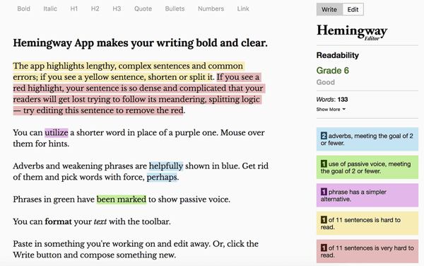 Kuidas kirjutada ja struktureerida pikema vormi tekstipõhiseid Facebooki sponsoreeritud postitusi, parimaid tavasid, Hemingway rakendus