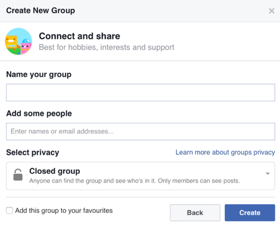 Sisestage teave oma Facebooki grupi kohta ja lisage liikmeid.