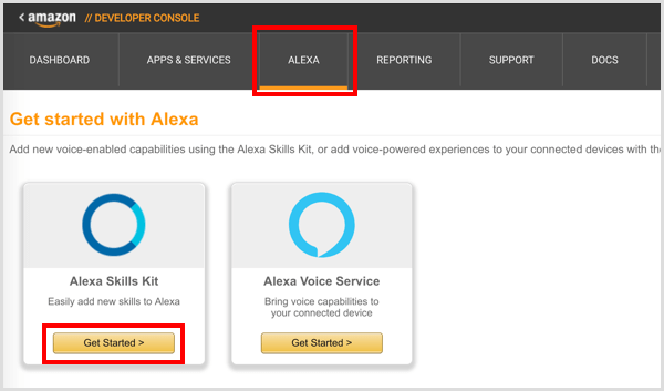Klõpsake Alexa oskuste komplekti all nuppu Alusta.