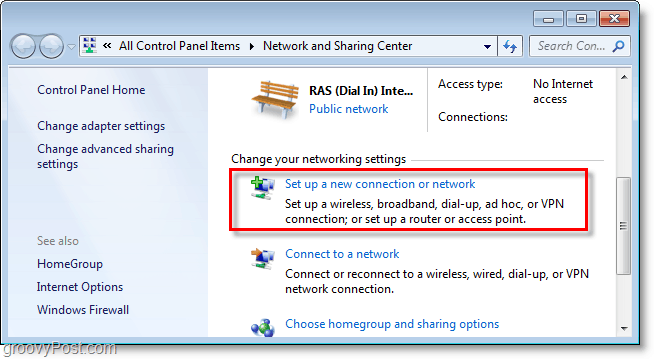 uue ühenduse või võrgu seadistamine Windows 7-s