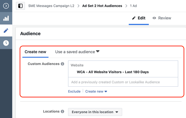 Kuidas teisendada veebisaidi külastajaid Facebook Messengeri reklaamidega, 2. samm, luua veebisaidi kohandatud vaatajaskond