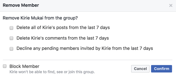 Liikmete postitused, kommentaarid ja kutsed saate kustutada, kui eemaldate nad oma Facebooki grupist.