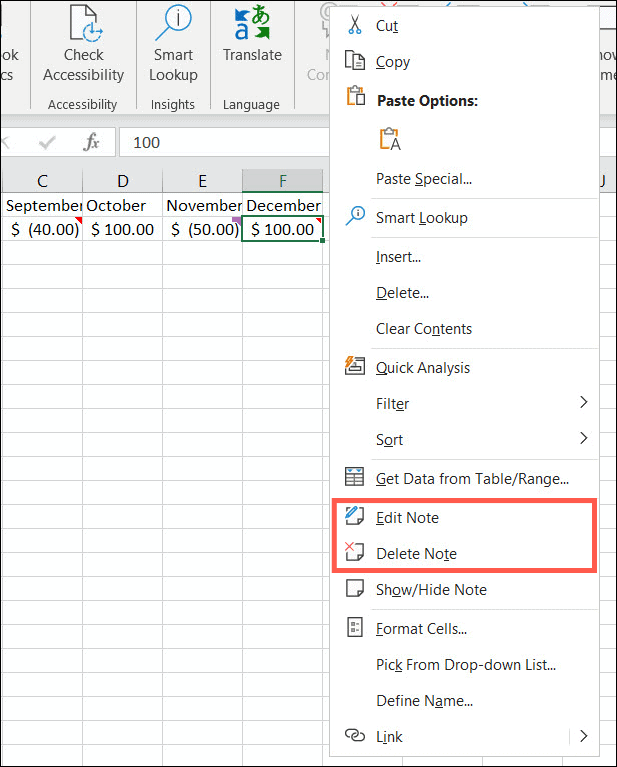 Märkmete muutmine või kustutamine Excelis