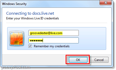 sisestage Windows Live'i konto kasutajanimi ja parool Microsoft Office 2010-s