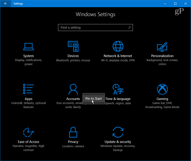 Windows 10 seadete kategooriad