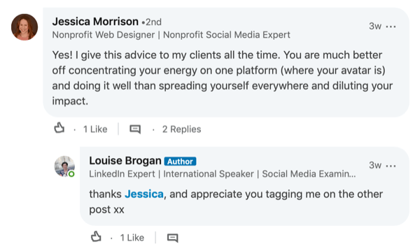 näide kommentaarile vastamisest LinkedIni postituses
