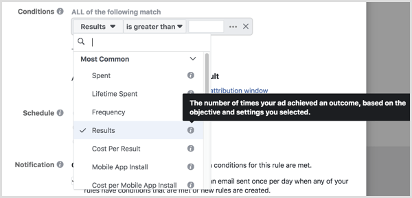 tööriistavihje Facebooki automatiseeritud reegli tingimuste seadistamisel