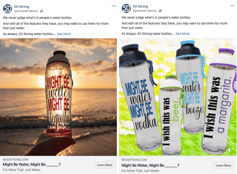 kaks Facebooki reklaami, millel on erinevad pildid, et testida neid Facebooki katsetega