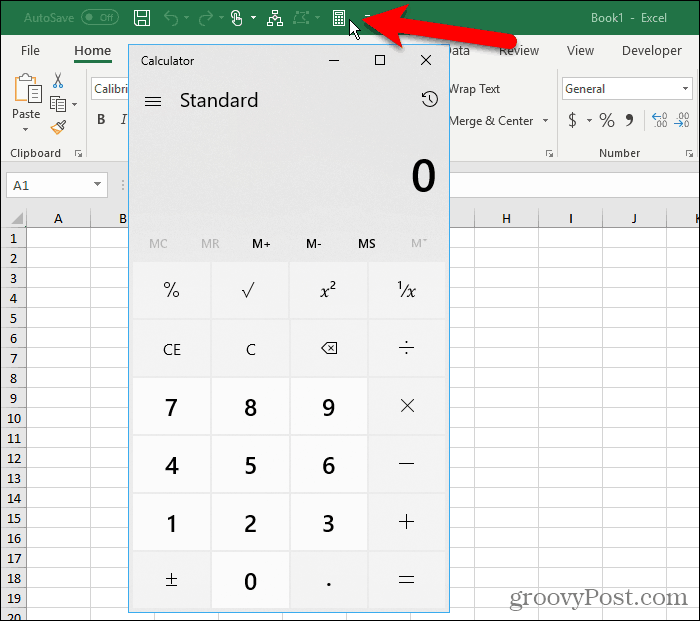 Windowsi kalkulaator Exceli kiirpääsu tööriistaribal