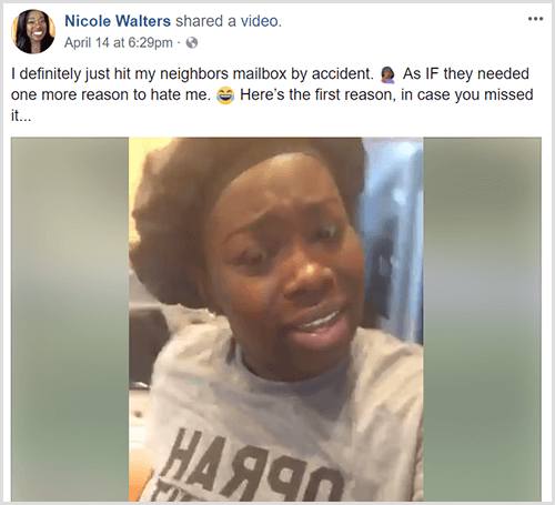 Nicole Walters postitas Facebooki video koos sissejuhatava tekstiga, mille kohaselt tabas ta lihtsalt kogemata oma naabri postkasti. Nicole kannab musta peakatet ja halli t-särki.