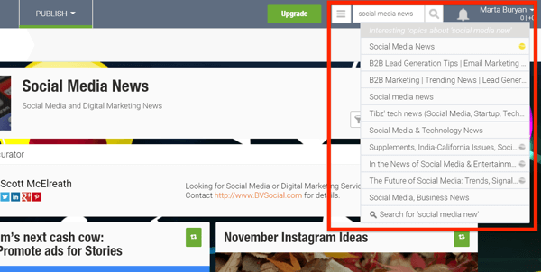 Näited „sotsiaalmeedia uudiste” sisuvoogudest veebisaidil Scoop.it.