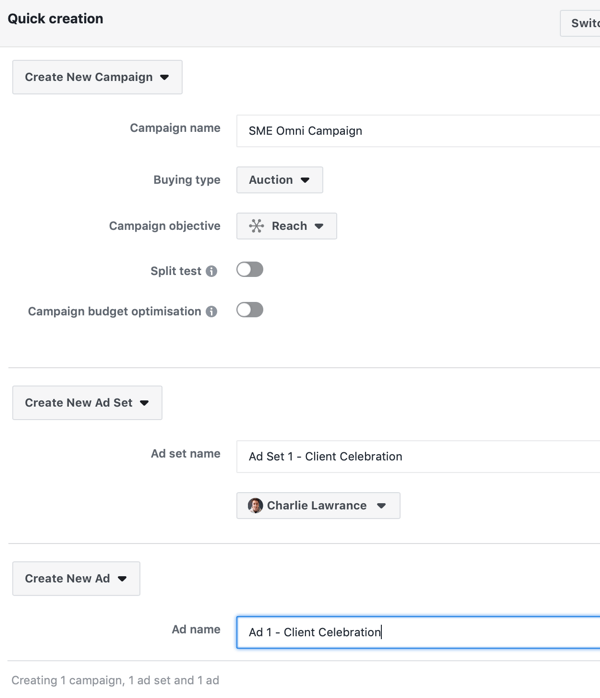 Looge Facebooki reklaamide katvuse kampaania, 3. samm.