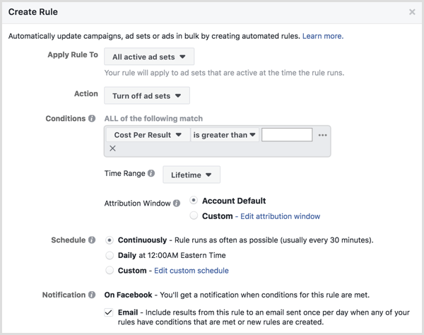 Facebooki automatiseeritud reeglite seadistamise aken