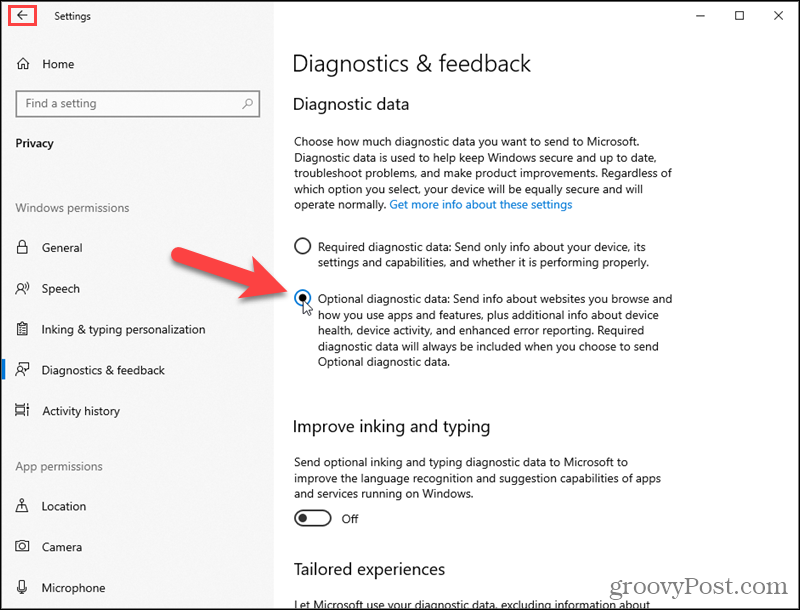 Lülitage sisse Windows 10 Valikulised diagnostikaandmed