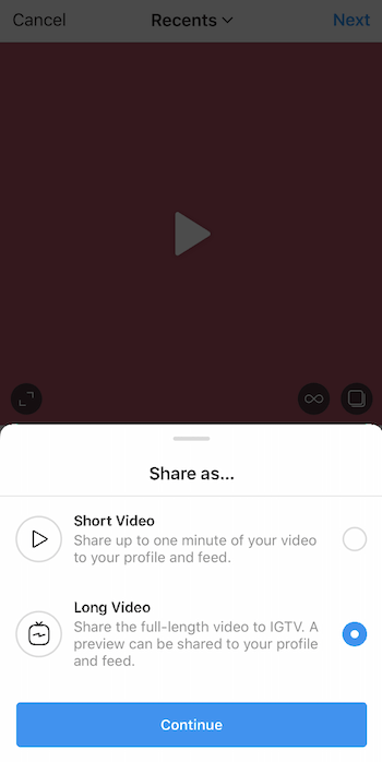 Instagrami video üleslaadimine, kui jagamine on üles tõmmatud ja pikk video valik on valitud