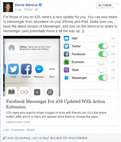 "Facebooki Messengeri kasutajad, kellel on iPhone või iPad, saavad nüüd pärast iOS-i rakenduse värskendamist jagada fotosid või linke otse rakendusse."