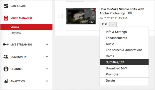 Navigeerige oma YouTube'i video juurde ja valige rippmenüüst Muuda suvand Subtiitrid.