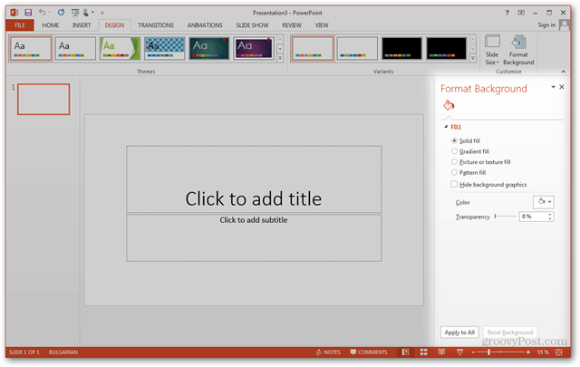 Office 2013 malli loomine Kohandatud kujunduse muutmine POTX-i slaidide kohandamiseks Õpetus Taustapaani vormindamine