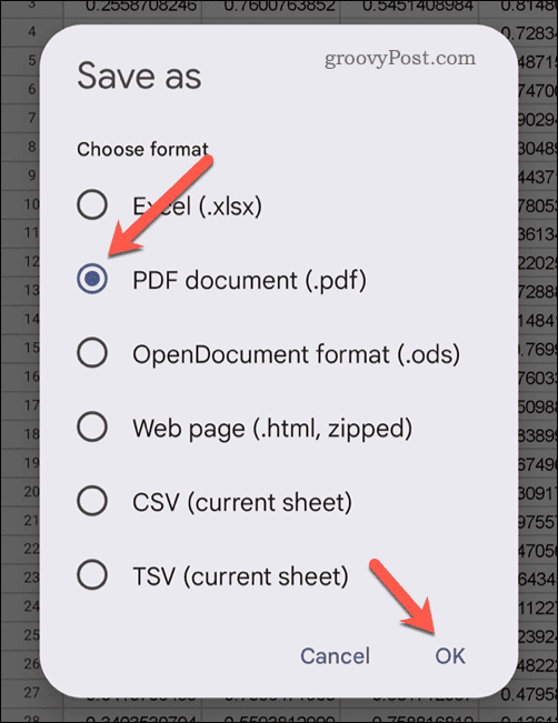Eksportimine PDF-ina Google'i arvutustabelites
