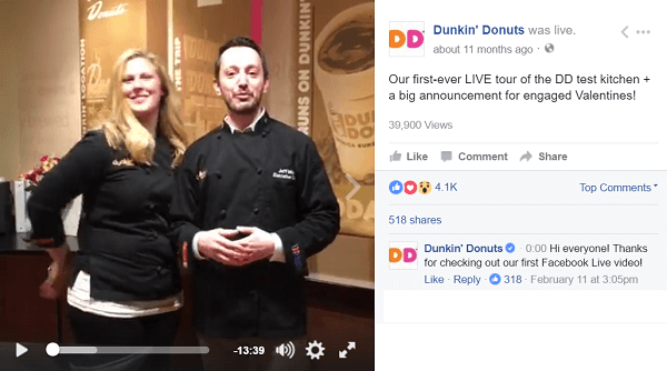 Dunkin Donuts kasutab Facebook Live'i videot, et fänne kulisside taha viia.