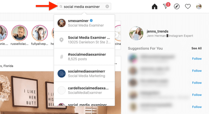töölaua ekraanipilt, mis näitab Instagrami konto otsimist sotsiaalmeedia uurija otsinguterminite abil