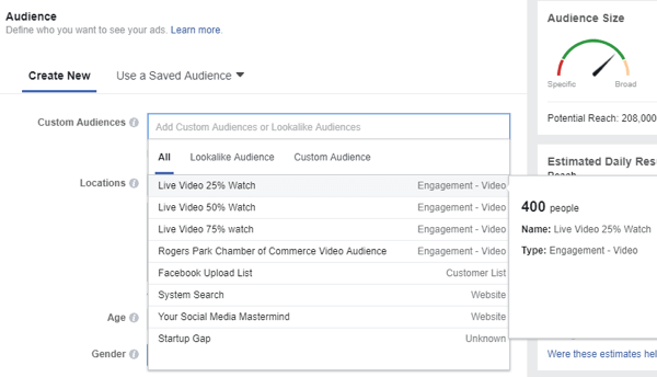 Kui valite oma Facebooki reklaami jaoks vaatajaskonna, valige kindlasti kohandatud vaatajaskond inimesi, kes vaatasid teie reaalajas videoid.