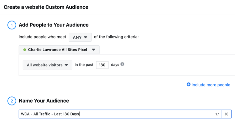 seadistage Facebooki veebisaidi viimase 180 päeva jooksul kõigi veebisaidi külastajate kohandatud vaatajaskond