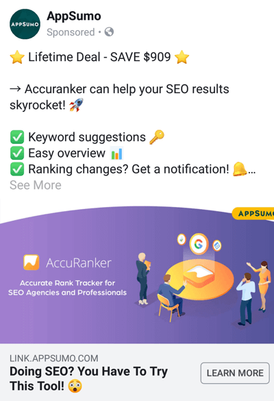 Tulemusi pakkuvad Facebooki reklaamitehnikad, näiteks AppSumo pakub tehingut