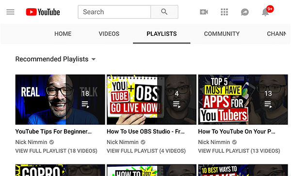 See on ekraanipilt Nick Nimmini YouTube'i kanali esitusloenditest. Näidatud esitusloendid on vasakult paremale nimetatud YouTube'i näpunäited algajatele, OBS Studio kasutamine ja YouTube'is oma saidil.. .”