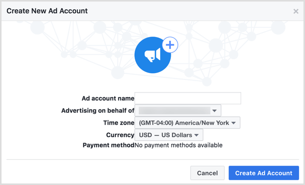 Kui teil palutakse nimetada oma uus Facebooki reklaamikonto, kasutage oma ettevõtte nime.