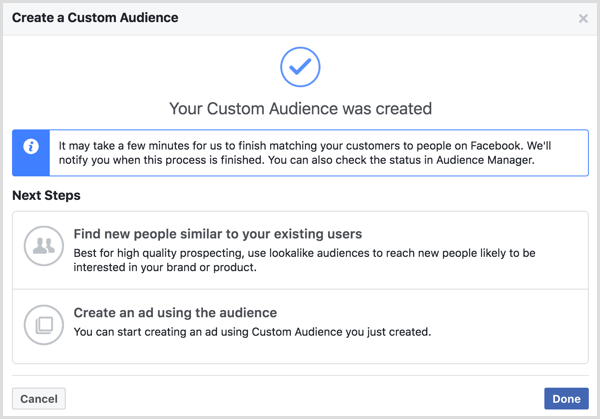 Teie kohandatud vaatajaskond loodi, mis kuvatakse pärast Facebooki kohandatud vaatajaskonna loomist