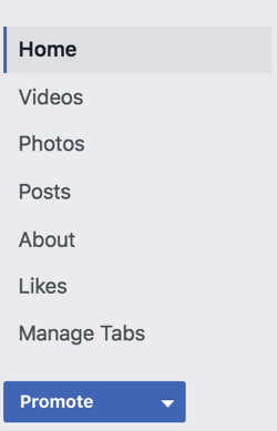 Klõpsake oma Facebooki lehe vasakul külgribal vahekaartide haldamiseks.
