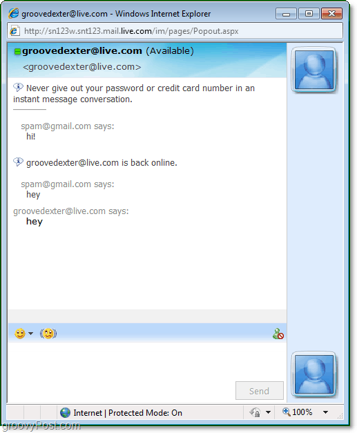 Windowsi Messengeri brauserisisust näeb välja täpselt nagu kliendi Windowsi Messengeri puhul