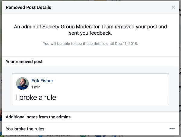 Näib, et Facebooki grupid pakuvad administraatoritel võimalust jagada postituse eemaldamise põhjust postituse postitanud isikule.