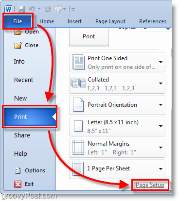 Micosoft Word 2010 ekraanipilt valige taustast fail> prindimenüü ja klõpsake siis Word 2010-l lehe häälestus