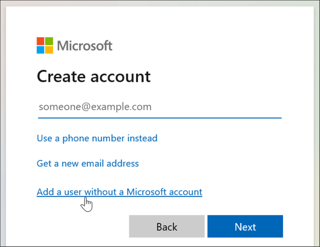 lisage kasutaja ilma Microsofti kontota