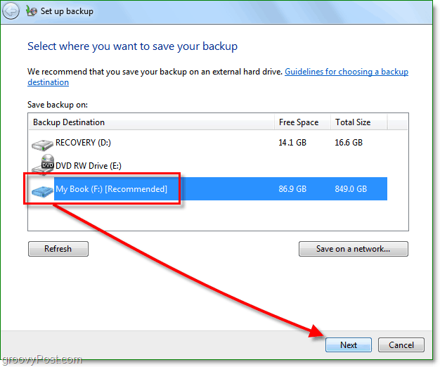 Windows 7 varundus - valige varundamise koht