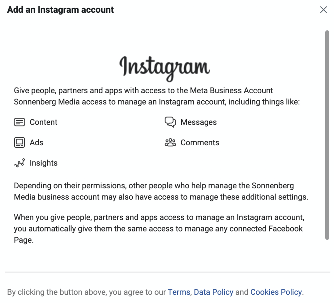 pilt Instagrami konto lisamise kuvast Meta Business Manageris
