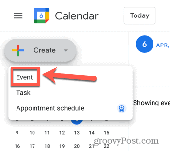 Google'i kalendri sündmuse loomise valiku ekraanipilt