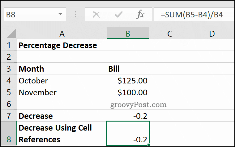 Näide protsentuaalsest langusest Microsoft Excelis